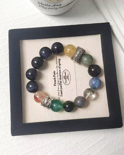 Custom Crystal Bracelet - with Blue Tiger’s Eye, Green & Golden Rutilated Quartz, Kyanite, Black-Gold Super Seven Quartz, Grey Moonstone & Green Phantom Quartz - [Standard]
