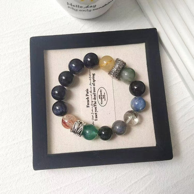 Custom Crystal Bracelet - with Blue Tiger’s Eye, Green & Golden Rutilated Quartz, Kyanite, Black-Gold Super Seven Quartz, Grey Moonstone & Green Phantom Quartz - [Standard]