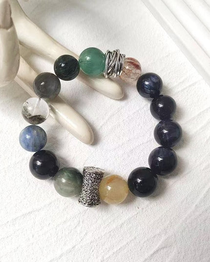 Custom Crystal Bracelet - with Blue Tiger’s Eye, Green & Golden Rutilated Quartz, Kyanite, Black-Gold Super Seven Quartz, Grey Moonstone & Green Phantom Quartz - [Standard]