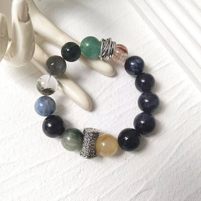 Custom Crystal Bracelet - with Blue Tiger’s Eye, Green & Golden Rutilated Quartz, Kyanite, Black-Gold Super Seven Quartz, Grey Moonstone & Green Phantom Quartz - [Standard]