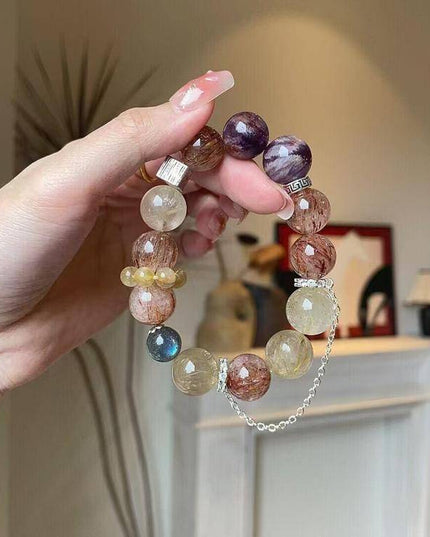 Custom Crystal Bracelet - with Amethyst Phantom Quartz, Golden Rutilated Quartz, Grey Moonstone & Black-Gold Super Seven Quartz - [Standard]
