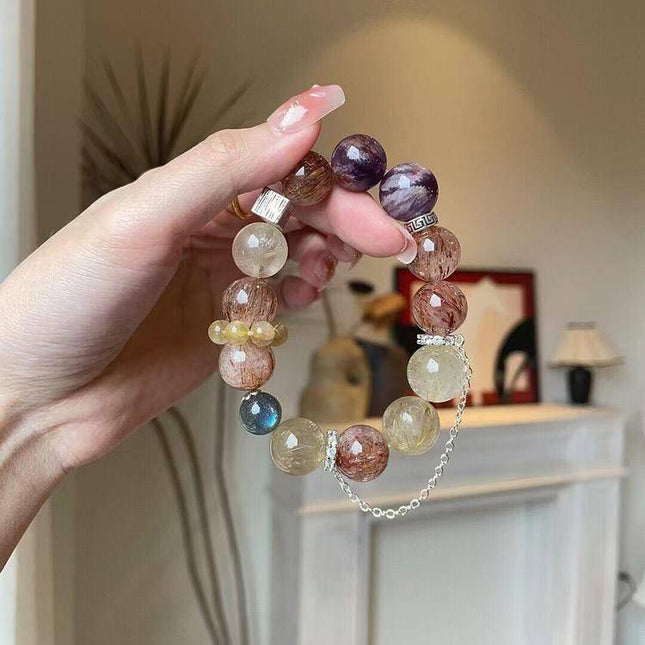 Custom Crystal Bracelet - with Amethyst Phantom Quartz, Golden Rutilated Quartz, Grey Moonstone & Black-Gold Super Seven Quartz - [Standard]