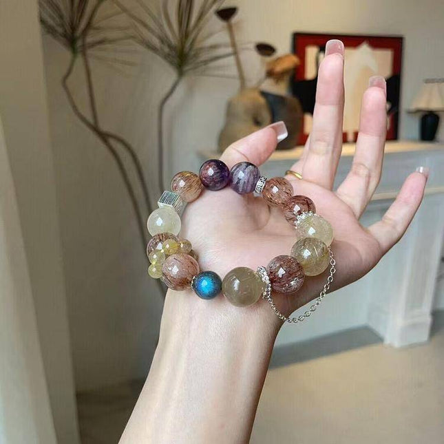 Custom Crystal Bracelet - with Amethyst Phantom Quartz, Golden Rutilated Quartz, Grey Moonstone & Black-Gold Super Seven Quartz - [Standard]